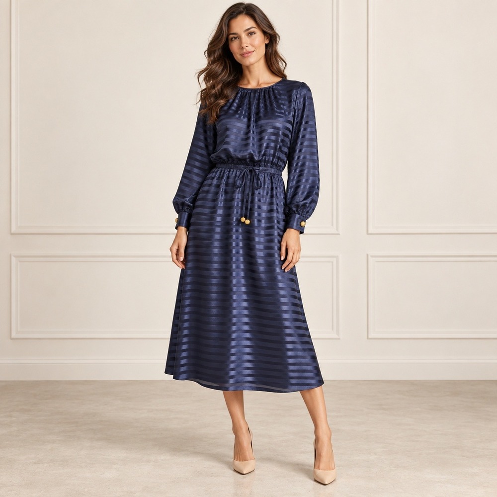 Tory Burch Striped Satin Silk Blend Midi Dress Womens M Navy Drawstring